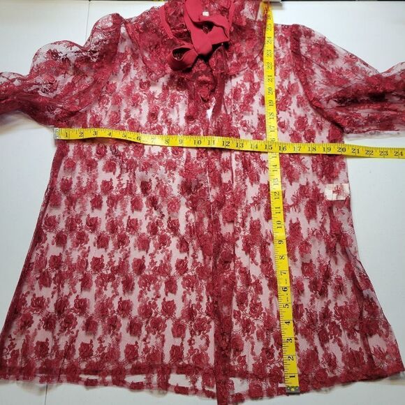 French Cherry Red See Through Lace Coquette Girl Long Sleeves Top Jacket - Picture 14 of 15